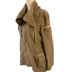 Venezia Milano Tan Brown Hooded Rain Jacket Gold Zippers Small Lined Zippers